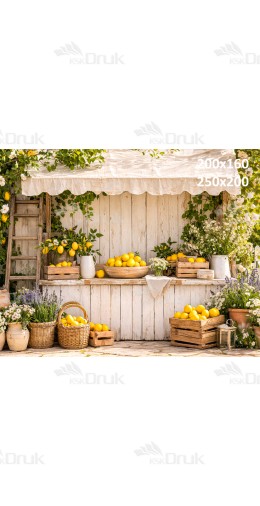 Tło fotograficzne „Rustykalny stragan z cytrynami i kwiatami” | 4017